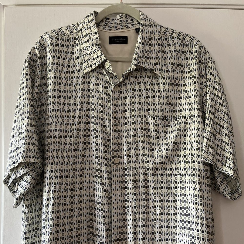 Prada Linea Rossa Signature Shirt Mens Size XL Silk Blend White With Blue Green
